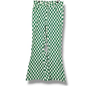 Green White Checkered Flare Jeans Womens Size 14 Checkerboard‎ 90s Retro